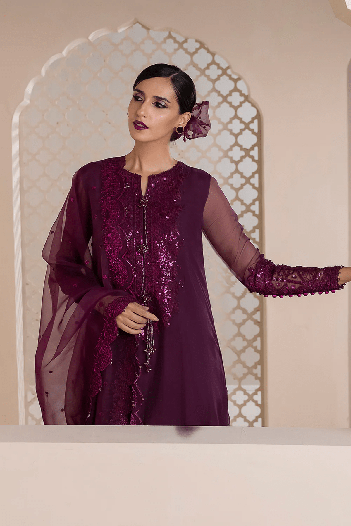 3 PIECE | EMBROIDERED CHIFFON SUIT - ALZENAPR - 839_XS
