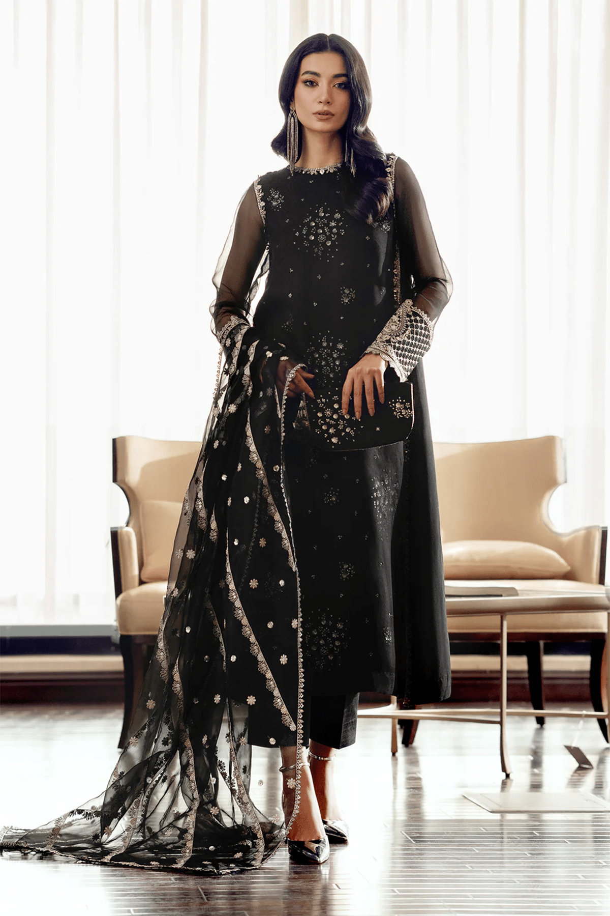 3 PIECE | EMBROIDERED CHIFFON SUIT - ALZENABQU - PR - 890 - XS