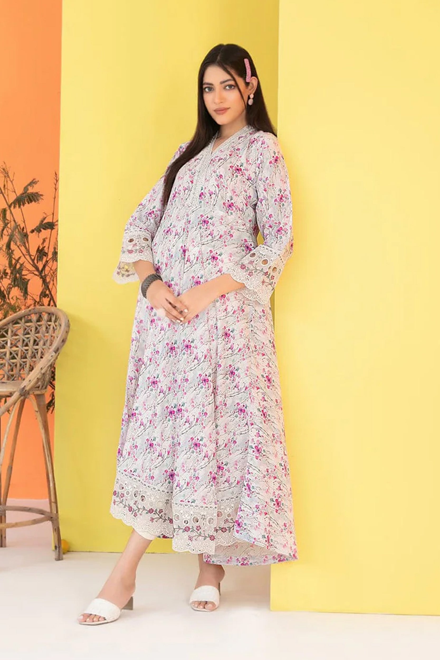 FEZA | EMBROIDERED & PRINTED STAPLE MAXI DRESS | D-5632
