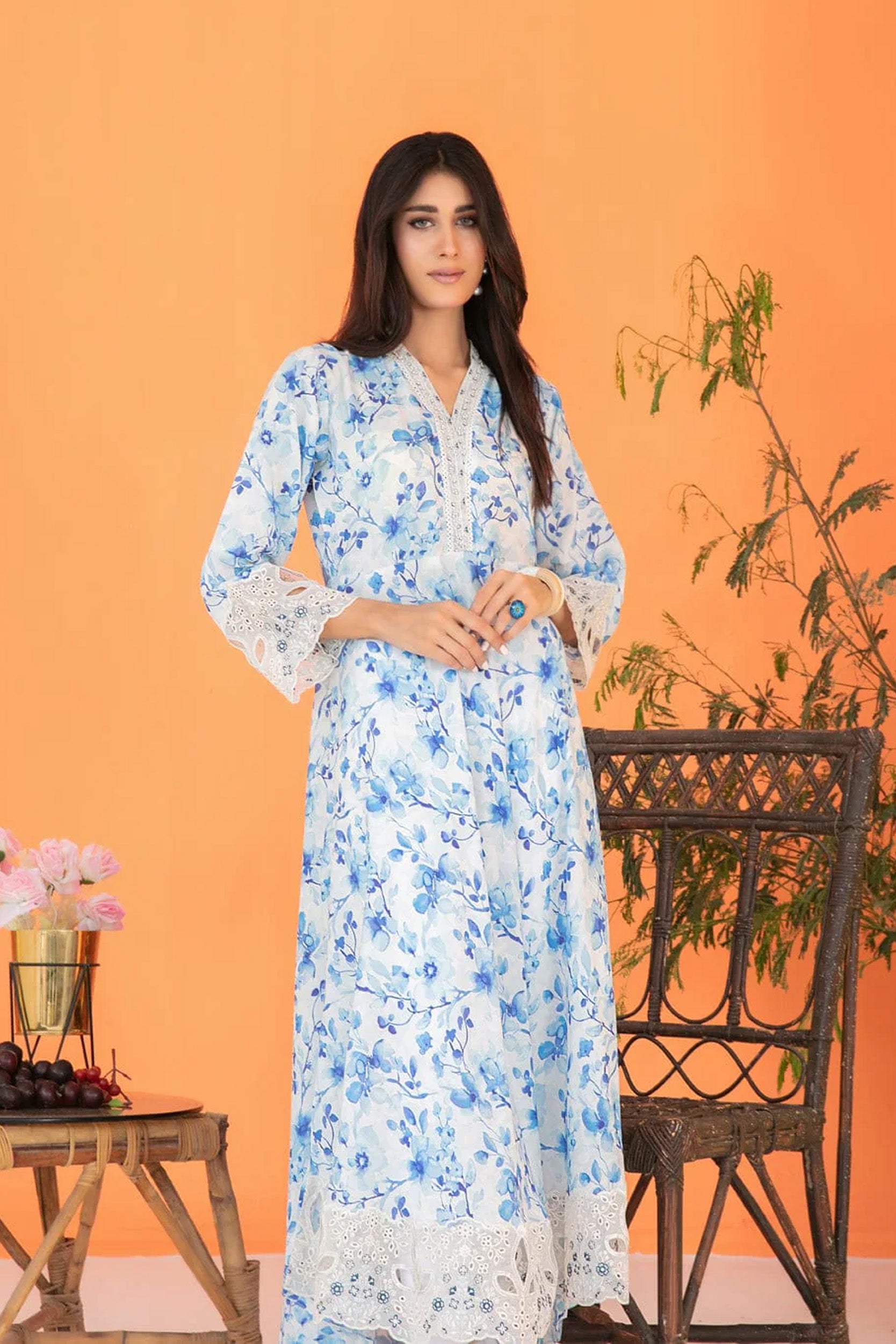 FEZA | EMBROIDERED & PRINTED STAPLE MAXI DRESS | D-5636