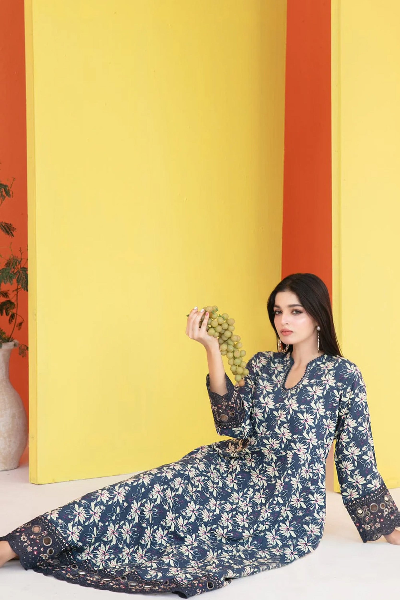 FEZA | EMBROIDERED & PRINTED STAPLE MAXI DRESS | D-5638